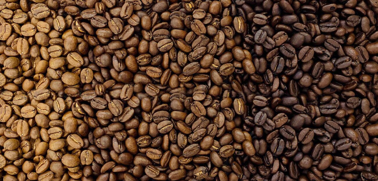 Light, medium, and dark roast coffee beans in three bowls side by side
