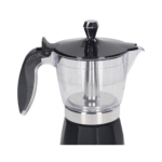 Cup of coffee poured from black electric moka pot