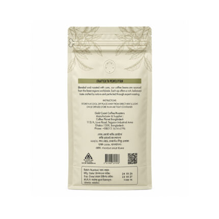 Back label of Gold Coast Coffee Roasters coffee bean packaging