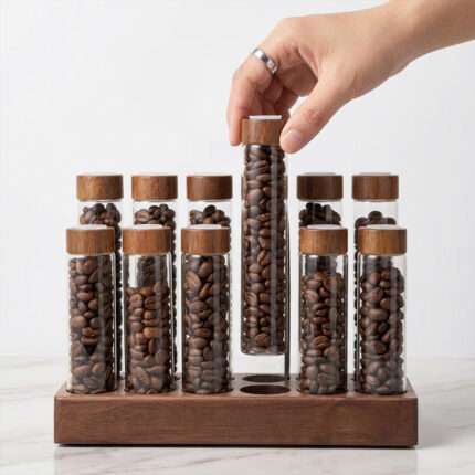 Close-up of custom engraved wooden base on coffee storage system