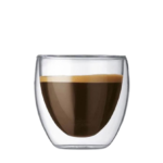Hand holding double wall glass coffee cup with hot coffee