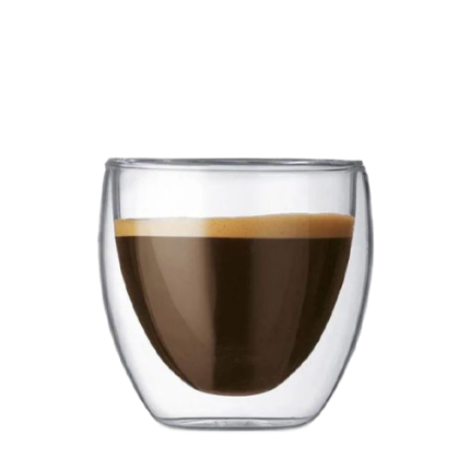 Hand holding double wall glass coffee cup with hot coffee