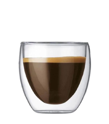 Hand holding double wall glass coffee cup with hot coffee
