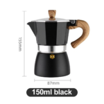 Black moka pot disassembled showing base filter funnel and top chamber