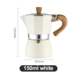 White moka pot disassembled showing base filter funnel and top chamber