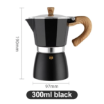 Black moka pot disassembled showing base filter funnel and top chamber