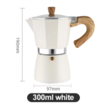 White moka pot disassembled showing base filter funnel and top chamber