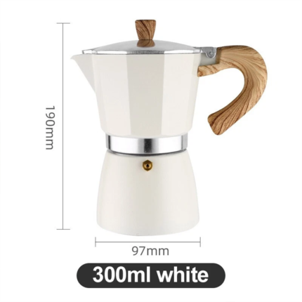 White moka pot disassembled showing base filter funnel and top chamber