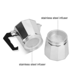 Moka pot disassembled showing base filter funnel and top chamber