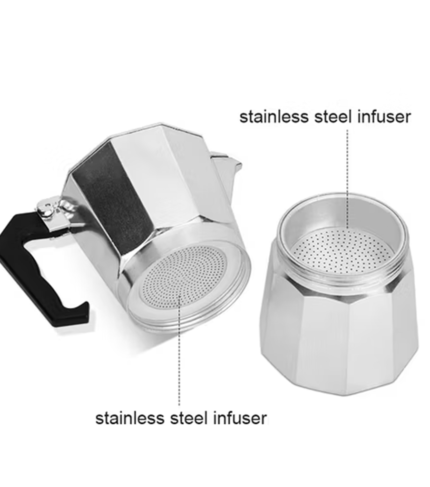 Moka pot disassembled showing base filter funnel and top chamber