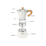 Cup of coffee poured from moka pot stovetop espresso maker