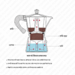 White moka pot brewing coffee on stove in Bangladesh kitchen