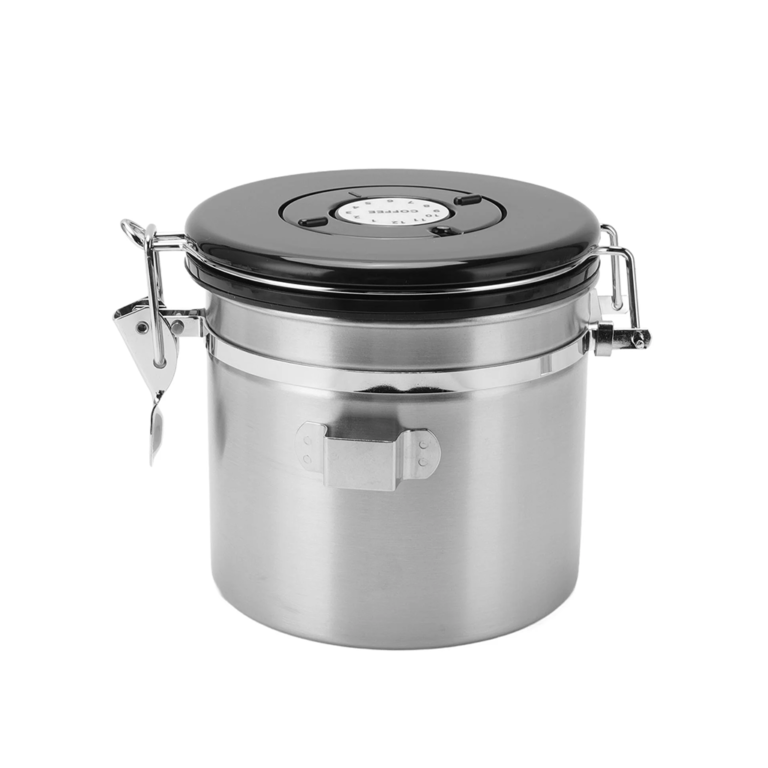 Close-up of coffee bean canister airtight seal and lid