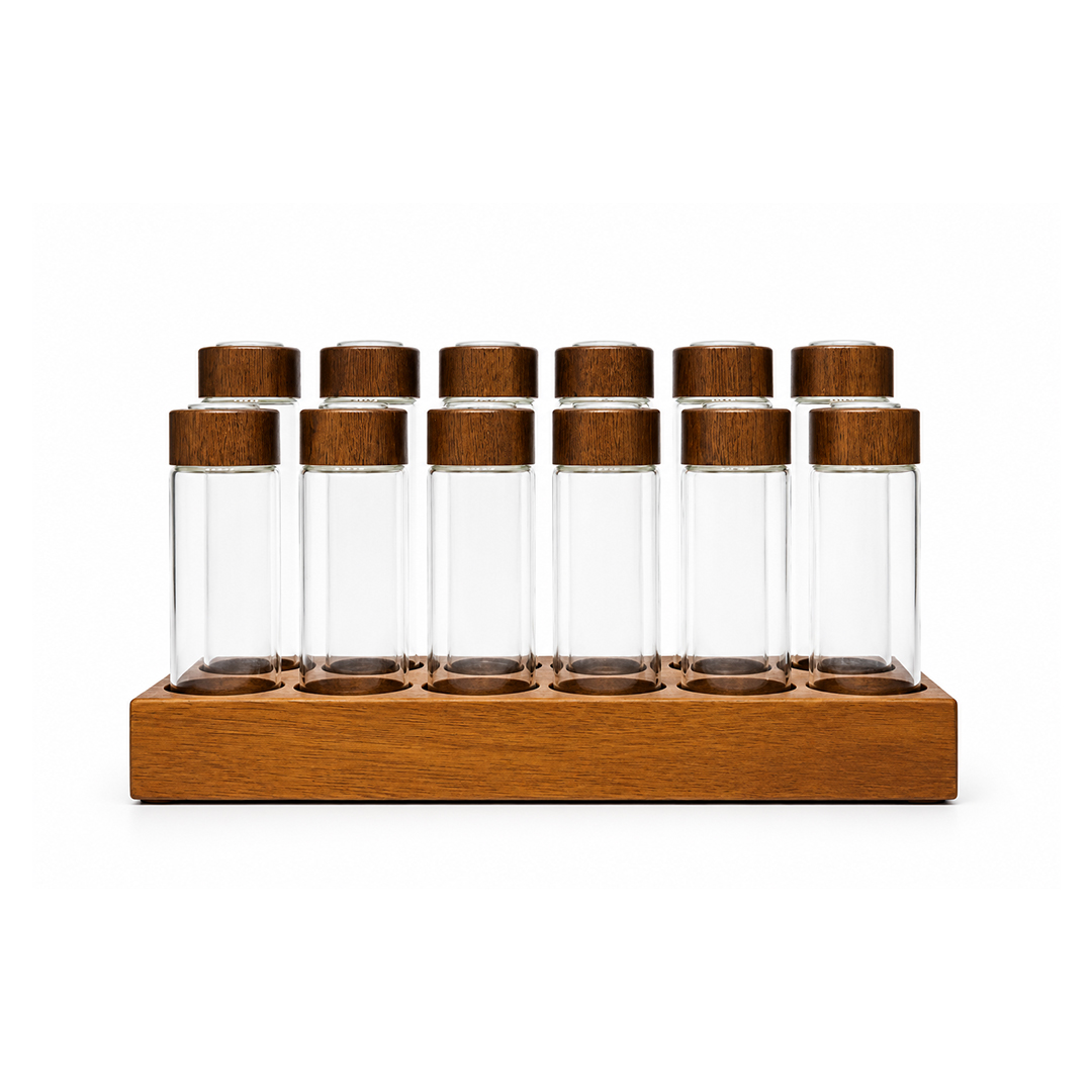 Glass-Coffee-Bean-Storage-Tube-Set-with-Wooden-Stand-1.1 Personalized Coffee Bean Storage System — 12 Glass Espresso Dosing Tubes with Wooden Base | Delivery All Over Bangladesh - Image 1