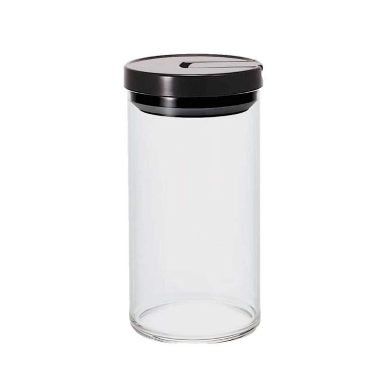 Close-up of glass coffee canister airtight seal and lid