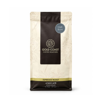Front view of the Gold Coast Coffee Roasters Dark Roast 500g whole bean coffee pack.