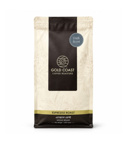 Front view of the Gold Coast Coffee Roasters Dark Roast 500g whole bean coffee pack.