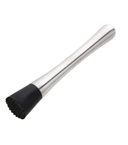 Black cocktail muddler with stainless steel handle and textured head